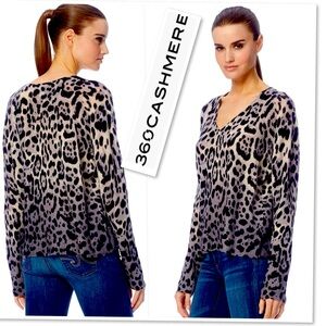 360 Cashmere Lauren Leopard Print 100% Cashmere V-neck Ombré Sweater Pullover XS